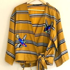 Zara Sequin Birds Striped Kimono/Blouse Wrap Top